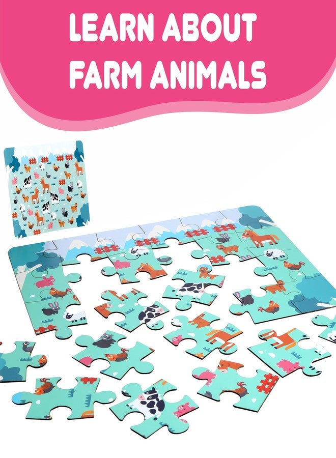 BRAIN BASKET Farm Animal Floor Puzzle | Wooden Jigsaw Puzzle for Kids | Fun Facts Animal Puzzles, Educational Toys, Gifts for Boys & Girls Ages 4+ Years (28 Pieces)| Puzzle and Scrabble Game for Kids - Image 2